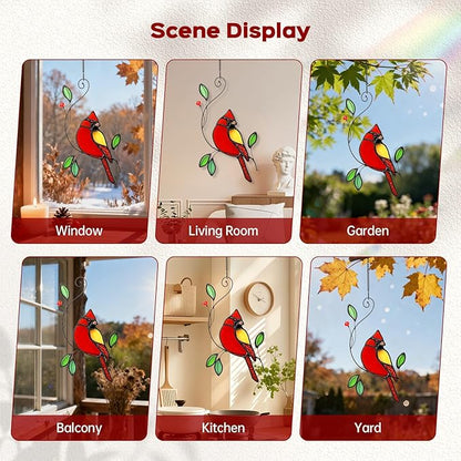 Cardinal Stained Glass Window Hanging for Mother's Day, IDEA SHOW Red Cardinal Suncatcher, Real Glass Window Hanging Ornament, Handmade Bird Home Decor Memorial Gift for Women, Mom, Bird Lover
