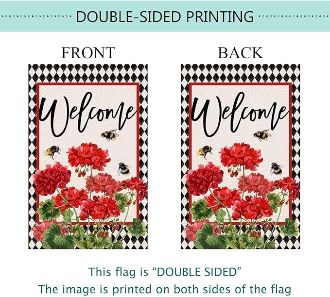 Baccessor Spring Summer Geranium Welcome Garden Flag Double Sided Summer Bee Red Floral Buffalo Plaid Small Burlap Yard Flag House Seasonal Farmhouse Outside Outdoor Decoration 12.5 x 18 Inch