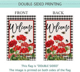 Baccessor Spring Summer Geranium Welcome Garden Flag Double Sided Summer Bee Red Floral Buffalo Plaid Small Burlap Yard Flag House Seasonal Farmhouse Outside Outdoor Decoration 12.5 x 18 Inch