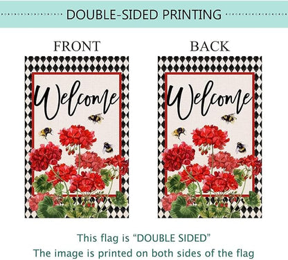 Baccessor Spring Summer Geranium Welcome Garden Flag Double Sided Summer Bee Red Floral Buffalo Plaid Small Burlap Yard Flag House Seasonal Farmhouse Outside Outdoor Decoration 12.5 x 18 Inch