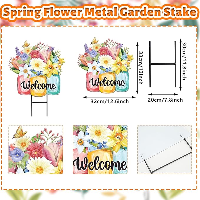 JarThenaAMCS Spring Flower Metal Garden Stakes Colorful Floral Vase Decorative Lawn Sign Welcome Yard Sign for Home Outside Lawn Porch Walkway Decor