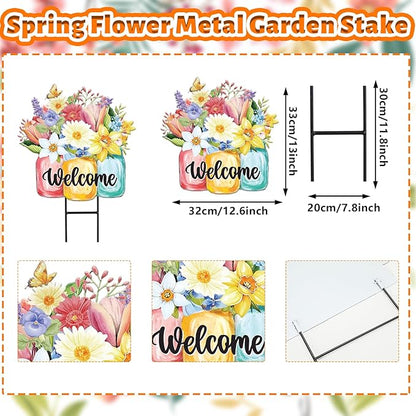 JarThenaAMCS Spring Flower Metal Garden Stakes Colorful Floral Vase Decorative Lawn Sign Welcome Yard Sign for Home Outside Lawn Porch Walkway Decor