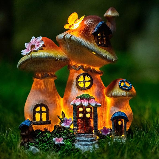 Candieslife Solar Garden Statue Lights Mushroom Mothers Day Decorations Fairy House Figurine Lights, Outdoor Memorial Garden Ornaments Waterproof Decoration for Outside Patio Yard Lawn Decor