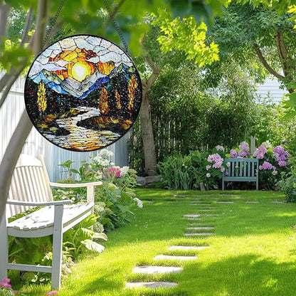 Stained Glass Window Hanging, 8 in Sunset Mountains Lake Tree Sun Catchers, Diamond Glass Panel Landscape Suncatcher for Home Decor - Gift for Bird Lovers Women Mother's Day Christmas