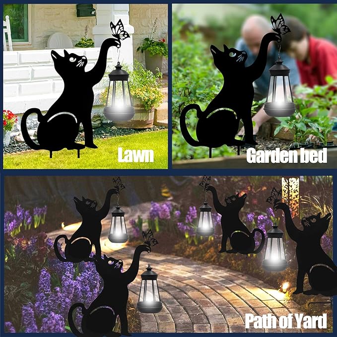 twinbling Black Cat Yard Decorations Outdoor - Solar Lights Outdoor Garden Decor Stake with Butterfly Decorative Metal Housewarming Ornament for Pathway Lawn Patio – Unique Gift for Woman Mom Grandma
