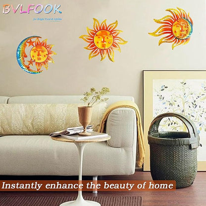 Metal Sun Wall Art Decor,12 Inch Retro Hanging Decor With Glass,Sun Moon Star Valentine Wall Decorations For Patio Yard Garden Fence Living Room Bedroom, Set of 3