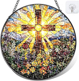 Christian Cross Stained Glass Window Hanging – Round Faith Suncatcher with Chain, Colorful Glass Ornament for Living Room Home Garden Decor Gift, 8 Inch