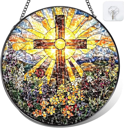 Christian Cross Stained Glass Window Hanging – Round Faith Suncatcher with Chain, Colorful Glass Ornament for Living Room Home Garden Decor Gift, 8 Inch