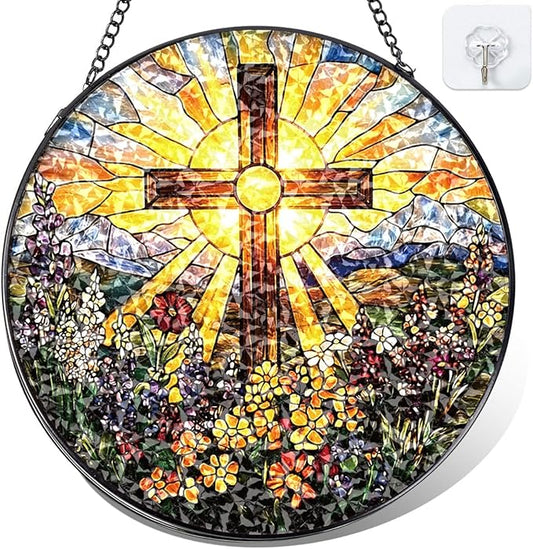 Christian Cross Stained Glass Window Hanging – Round Faith Suncatcher with Chain, Colorful Glass Ornament for Living Room Home Garden Decor Gift, 8 Inch