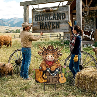 Amyhill Western Cowboy Highland Cow Outdoor Decor Cow Metal Garden Stakes Decorative Western Highland Calf Lovers Yard Signs with Stakes for Farmhouse Wild West Holiday Garden Lawn Decor