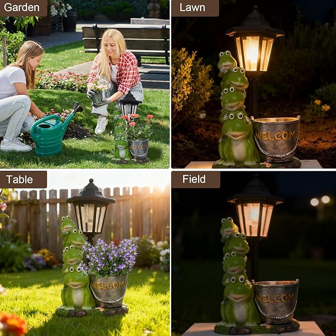 Frog Solar Garden Outdoor Statue with Lantern and Flowerpot Patio, Balcony, Shelf, Tabletop, Lawn Decoration - Unique Housewarming, Birthday, Thanksgiving, Mom Gifts
