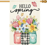 AVOIN colorlife Hello Spring House Flag 28x40 Inch Double Sided Outside, Floral Mason Jar Holiday Yard Outdoor Flag