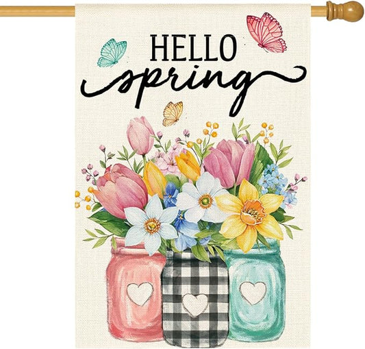 AVOIN colorlife Hello Spring House Flag 28x40 Inch Double Sided Outside, Floral Mason Jar Holiday Yard Outdoor Flag