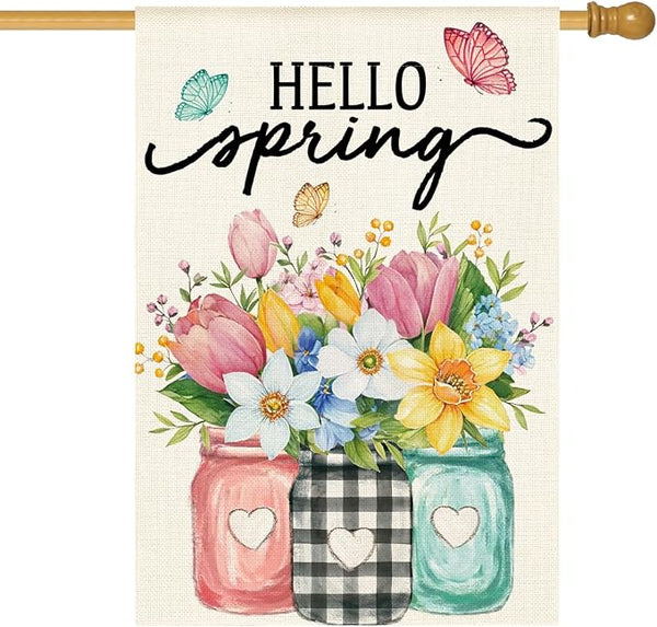 AVOIN colorlife Hello Spring House Flag 28x40 Inch Double Sided Outside, Floral Mason Jar Holiday Yard Outdoor Flag