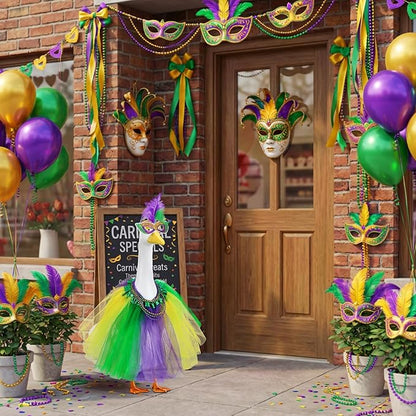 Abbylike 1 Set Mardi Gras Porch Goose Outfits Carnival Porch Yard Goose Clothes and Mask Costume Fits Large 23'' Cement for Garden Yard Statue Pathway Decorations