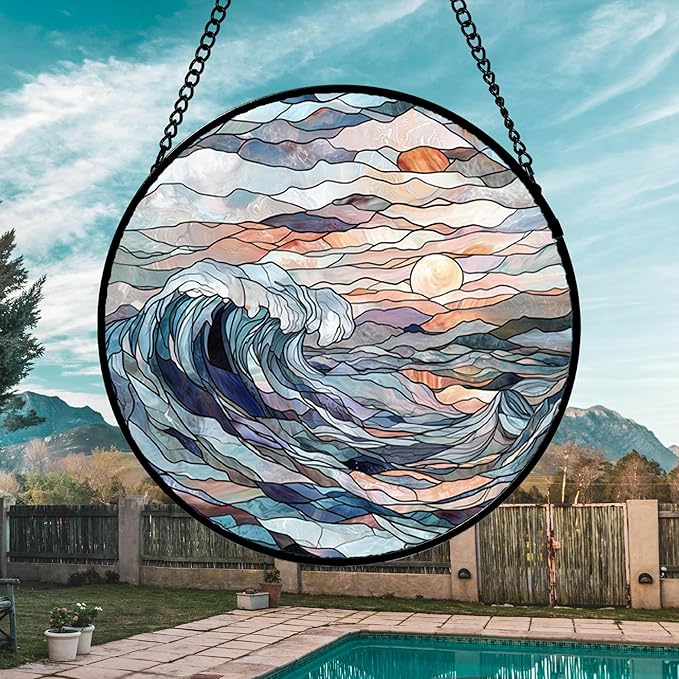 DASTOLL Stained Glass Window Hanging, Sunrise Waves Sun Catchers Diamond Glass Panel Hangings Abstract Suncatcher Decor for Birthday for Women, Men, Wife, Aunt, and Mom 14.9x14.9 in