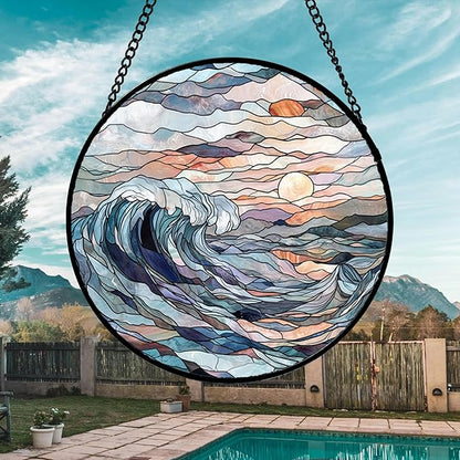 DASTOLL Stained Glass Window Hanging, Sunrise Waves Sun Catchers Diamond Glass Panel Hangings Abstract Suncatcher Decor for Birthday for Women, Men, Wife, Aunt, and Mom 14.9x14.9 in