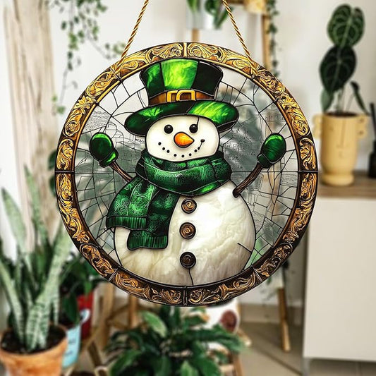 8x8 inch Charming Christmas Snowman Acrylic Stained Glass Window Hanging Sun Catcher Decor Stained Panel Hangings Wall Art Decor, for Friends and Family (Snowman)