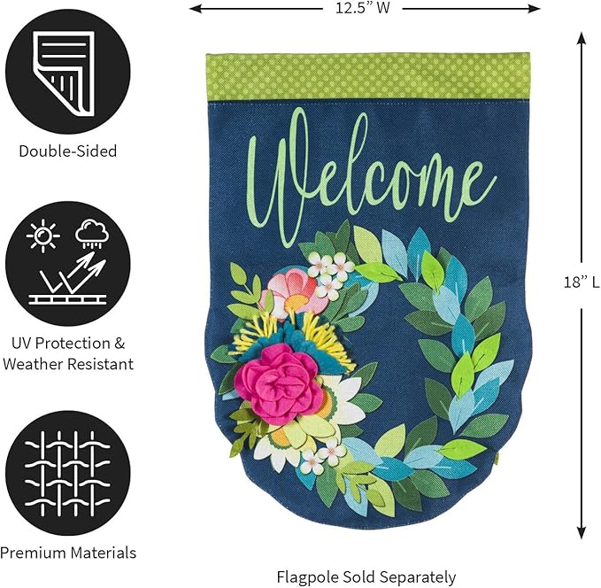 Evergreen Flag Flower Wreath Garden Burlap Flag | Spring Floral Garden Flags 12x18 double sided | Small House Flags For Outside | Welcome Spring Flag Décor for Yards Porch Gardens