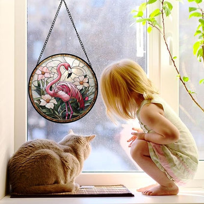 DASTOLL Stained Glass Window Hanging, Flamingo Flower Sun Catchers Diamond Glass Panel Hangings Pink Suncatcher Decor for Birthday for Women, Men, Wife, Aunt, and Mom 9.8 in