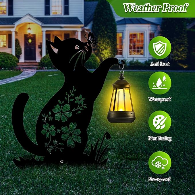 Tfro & Cile Cat Solar Light Outdoor Garden Lantern Stake Black Cat Halloween Decor with Butterfly Silhouette Decoration for Yard Lawn Patio