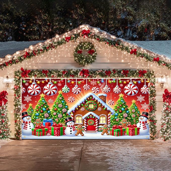 HOMETITUTE Christmas Garage Door Banner 13x6ft Gingerbread House Snowman Candy Cane Holiday Backdrop Winter Scene Porch Entryway Wall Hanging Indoor Outdoor Seasonal Decorations