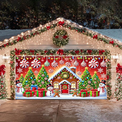 HOMETITUTE Christmas Garage Door Banner 13x6ft Gingerbread House Snowman Candy Cane Holiday Backdrop Winter Scene Porch Entryway Wall Hanging Indoor Outdoor Seasonal Decorations