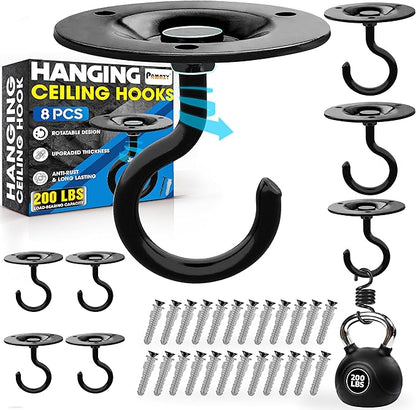 [UPGRADED] 200LBS 8Pcs Round Ceiling Hooks with Firmly Rotatable Button, Black Wall Mount Metal Hangers for Hanging Hanging Plants, Bird Feeder, Lantern, Lights, Wind Chime, Indoor Outdoor Decor