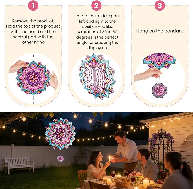 Wind Spinners Outdoor Flower Boho, 12 inch Laser Cut Metal Art Geometric Pattern Wind Spinners Hanging Kinetic for Yard, Garden, Patio, Outdoor - Craft Decor Birthday Gifts for Women, Men, Mom