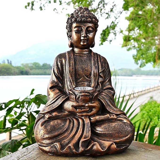 Outdoor Buddha Statues Solar Light: Desk Zen Garden Deor for Outside Patio Home Decoration Meditation Sculpture Room Decor Indoor Meditating Figurine Yard Lawn Ornament
