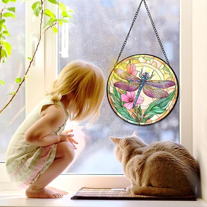 Bimkole Dragonfly Stained Glass Suncatcher Window Hanging - Flowers Design for Indoor Window or Doorway Decoration - 7.87x7.87 inch with Chain and Hook - Unique Home Decor Gift