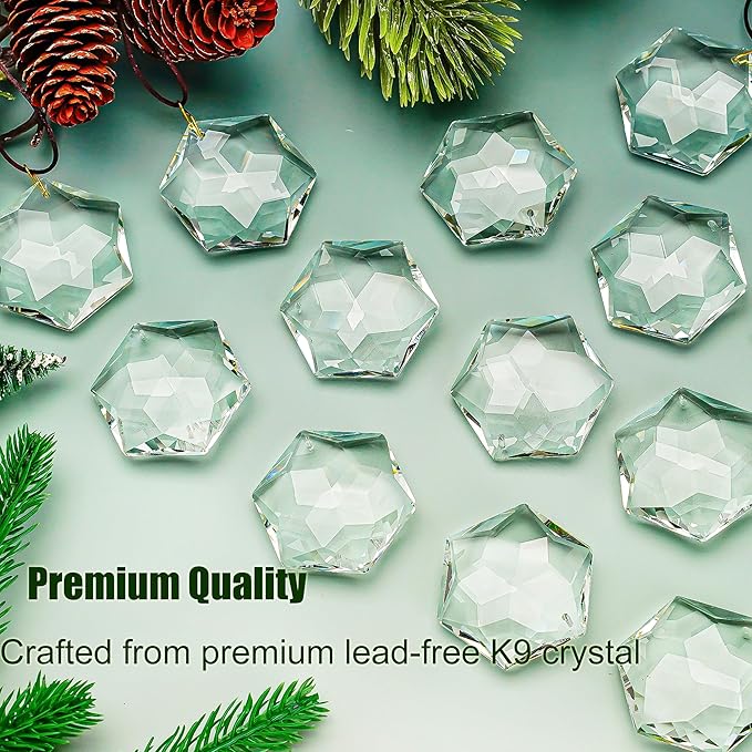 H&D HYALINE & DORA 12 Pack Crystal Sun Catcher Prisms Clear Suncatcher Crystals Indoor Window Hanging Christmas Ornaments Rainbow Maker Prisms for Home Garden Decor(Hexagon)