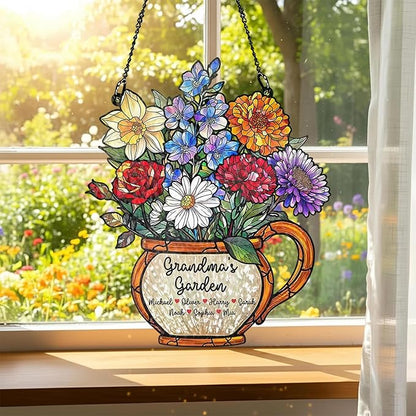 Personalized Grandma Stained Glass Sun Catcher, Custom Birth Month Flower Stained Glass Acrylic, Grandma's Garden Suncatcher Window Hanging Ornament, Mothers Day Grandma Mom Gifts