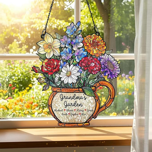 Personalized Grandma Stained Glass Sun Catcher, Custom Birth Month Flower Stained Glass Acrylic, Grandma's Garden Suncatcher Window Hanging Ornament, Mothers Day Grandma Mom Gifts