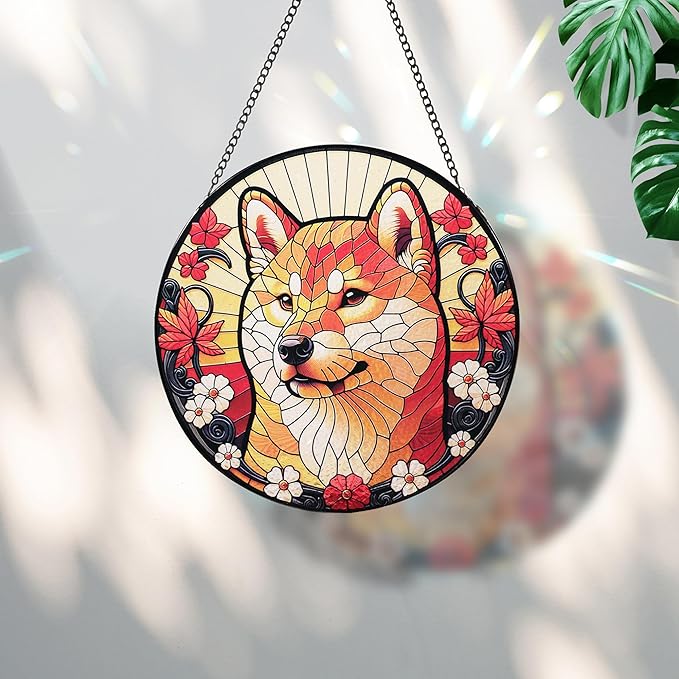 Stained Glass Dog Memorial Suncatcher,Shiba Inu Window Hanging,Sympathy Gifts for Pet Loss,7.9 inch/20 cm Home and Garden Decor for Dog Lovers