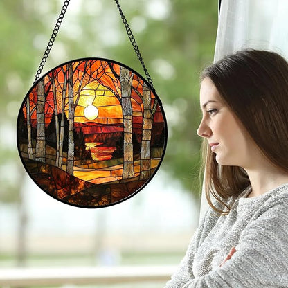 Stained Glass Window Hanging, Orange Red Landscape Forest Lake Moon Suncatcher for Doors Window Home Sun Catchers Decor Mother's Day Birthday Gifts for Women Men Mom 6.3 in
