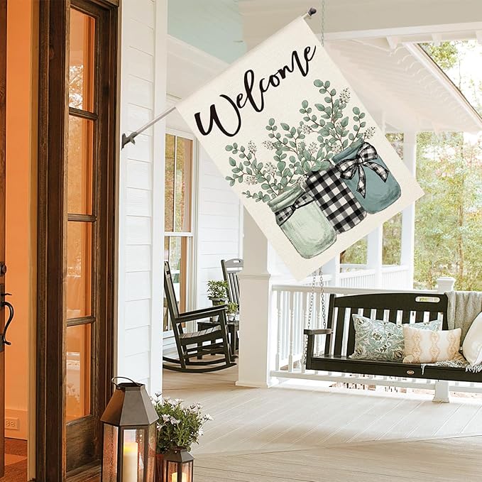 AVOIN colorlife Eucalyptus Mason Jar Spring Summer House Flag 28x40 Inch Double Sided Outside, Buffalo Plaid Welcome Yard Outdoor Flag