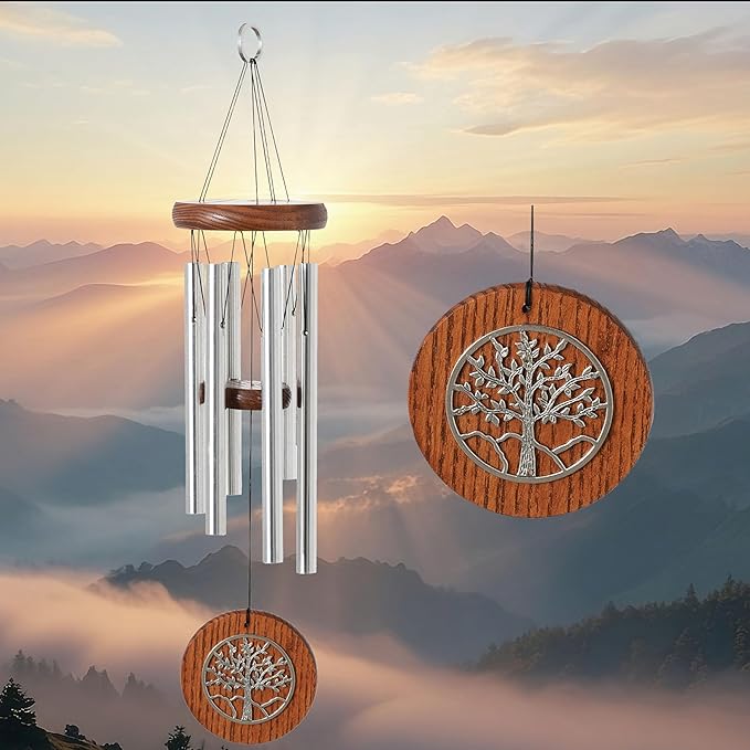 Woodstock Chimes Signature Collection, Woodstock Habitats Chime, 17'', Silver, Teak, Tree of Life Wind Chimes for Outdoor, Patio, Home or Garden Decor (HCTT)