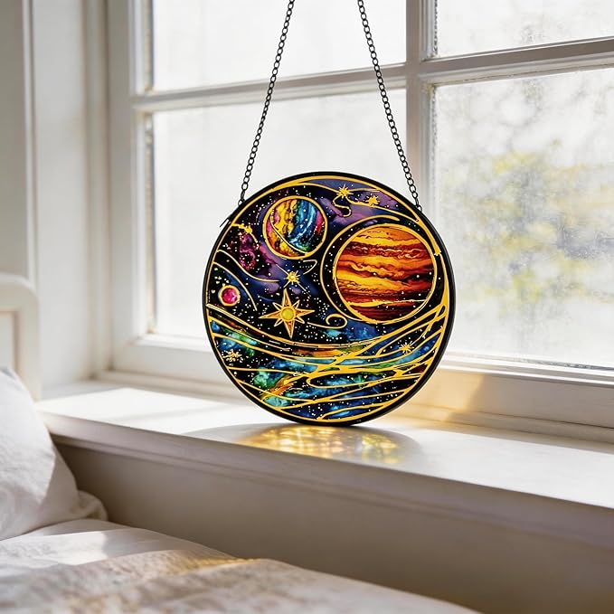 Stained Glass Sun Catcher,Planet Glass Window Hanging Garden Decor,Sun Catchers Indoor Window,Whimsical Decoration for Home Backyard Patio Lawn Porch with 9.8 INCH