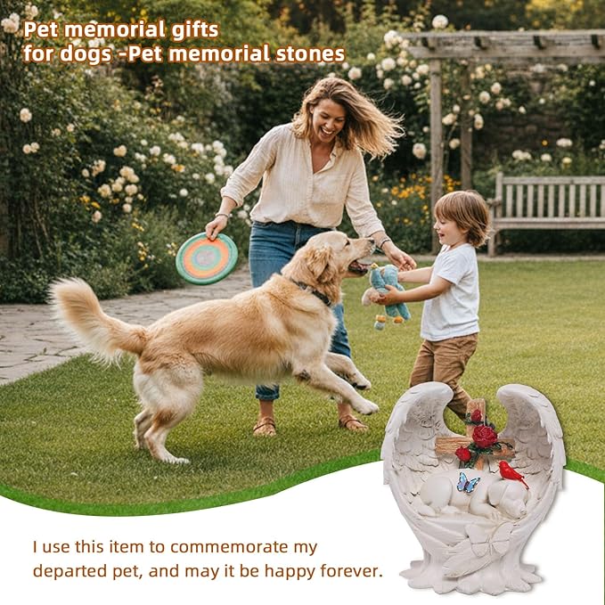 Dog Memorial Stone with Angel Wings Cross Roses Cardinal Butterfly, Pet Grave Markers Sleeping Waterproof Loss of Dog Sympathy Gift for Outdoor Cemetery 6 Inch