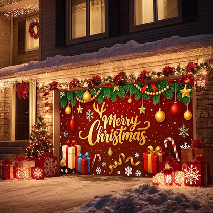 HOMETITUTE Christmas Garage Door Cover 13x6ft Merry Christmas Gold Letters Red Bow Green Pine Seasonal Banner Outdoor Indoor Holiday Decoration Winter Party Backdrop Gift Boxes Candy Cane Wall