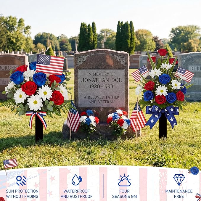 Frienda 2 Sets Cemetery Flowers Grave Stake Metal Floral Decor for Tombstone, Outdoor Gravesite Markers for Mom Dad, Memorial Day Spring Easter Grave Decor(Bouquet,Blue,Red,White)
