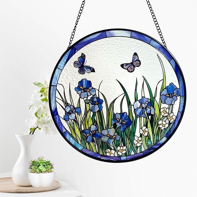 Butterflies and Blue Iris Stained Glass Suncatcher, Handmade Window Hanging Wall Art with Chain, Real Glass Indoor Home Decor, Unique Sun Catcher Gift for Women, Christmas, 5.9”