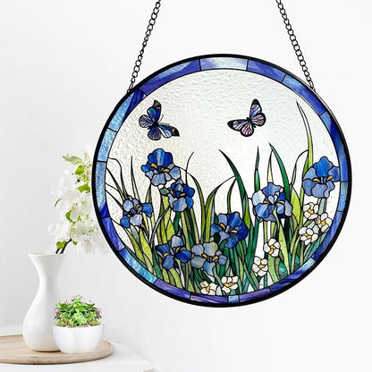 Blue Irises and Butterflies Stained Glass Suncatcher, Handmade Window Hanging Wall Art with Chain, Real Glass Indoor Home Decor, Unique Sun Catcher Gift for Women, Christmas, 11.8”