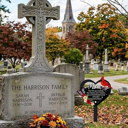 Grave Decorations for Cemetery - Memorial Mom Metal Graves Stakes Outdoors Heart Cardinals Remembrance Plaque Black Waterproof Flower Graveside Burial Decor Sympathy Gifts for Loss of Mother