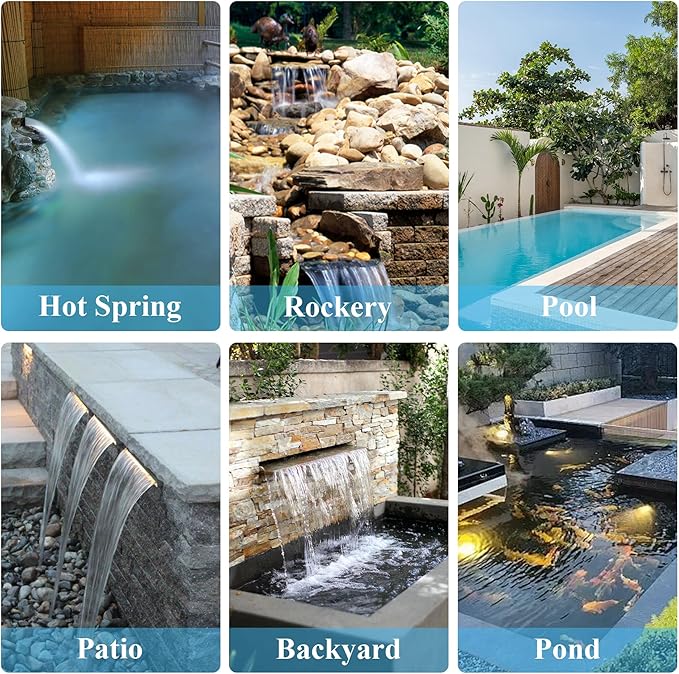 12 Inch Pool Fountain 304 Stainless Steel Waterfall Spillway with Pipe Connector Kits, Wider Water Flow Sheer Descent Platform Water Feature Fountain for Swimming Pool, Outdoor Garden Decor