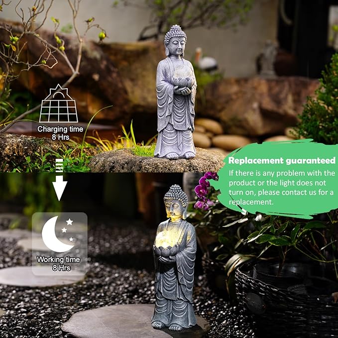 Solar Buddha Statue Outdoor – 14 Inch Tall Solar Outdoor Yard Zen Garden Decor - Ideal Gifts for Housewarming
