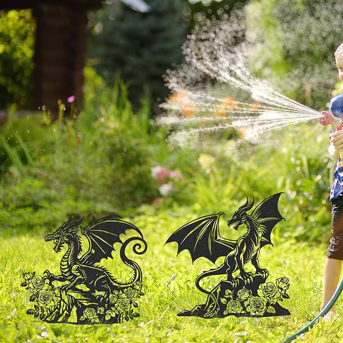 Dragon Decor Garden Stakes - 2 Pcs Metal Yard Art Statues Waterproof Outside Dragons Silhouette Decoration Patio Lawn Backyard Walkway Sign Christmas New Year Birthday Gifts for Women Mom