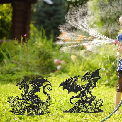Dragon Decor Garden Stakes - 2 Pcs Metal Yard Art Statues Waterproof Outside Dragons Silhouette Decoration Patio Lawn Backyard Walkway Sign Christmas New Year Birthday Gifts for Women Mom