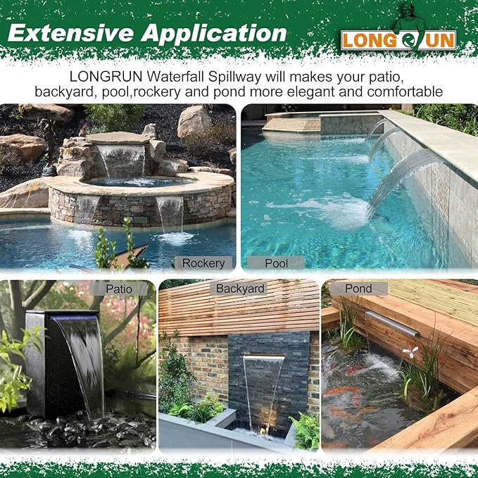 LONGRUN 30cm Pond Waterfall Blade,Stainless Steel Pool Fountain with RGB Bluetooth LED Light, Complete Waterfall & Stream Kits for Outdoor Water Features